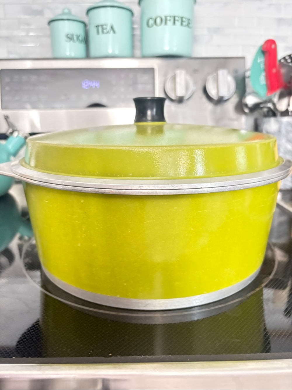 Graham Kerr; Galloping Gourmet, vintage dutch oven, pan, green aluminum